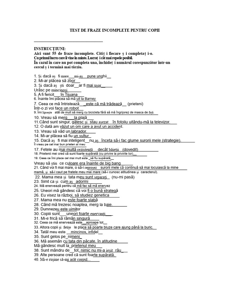 Test de Propoziții Incomplete Pentru Copii | PDF