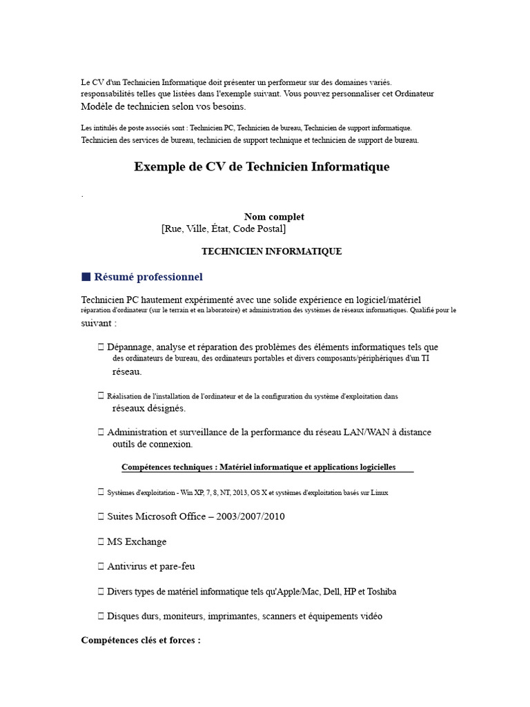 Modèle de CV pour Technicien Informatique | PDF | Informatique ...