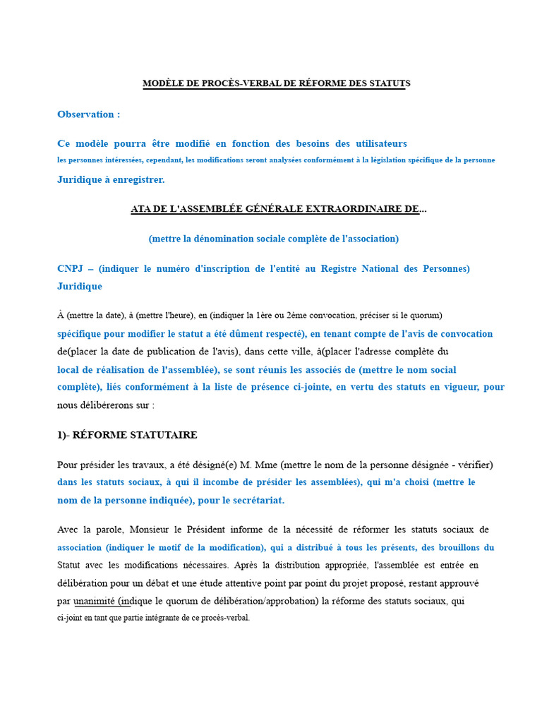 Modèle de PV pour modification des statuts | PDF | Gouvernement | Justice