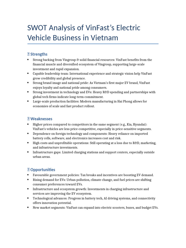 VinFast SWOT Analysis 2025 Insights | PDF | Electric Vehicle ...