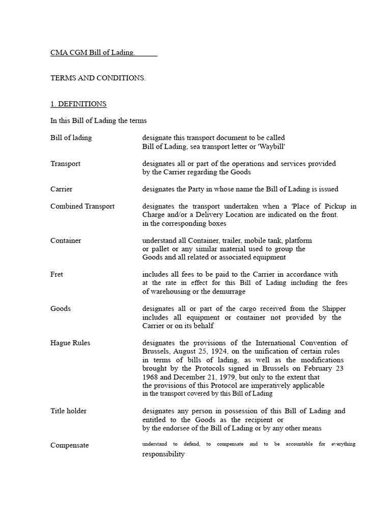 CMA CGM Bill of Lading Terms | PDF | Bill Of Lading | Cargo