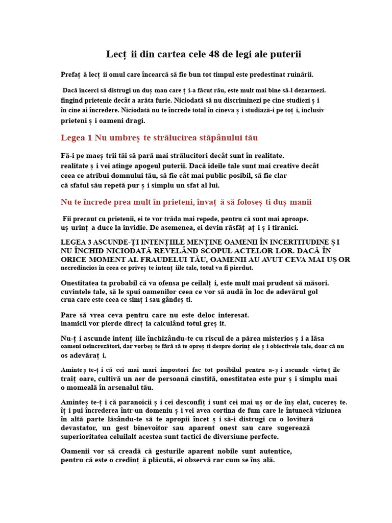 Lecții Din Cartea Cele 48 de Legi Ale Puterii | PDF