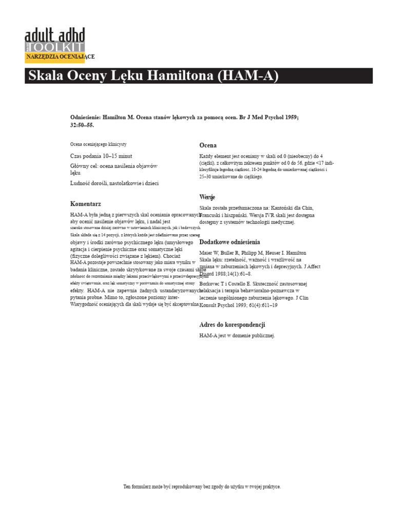 Skala Oceny Lęku Hamiltona (HAM-A) | PDF