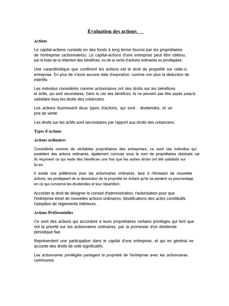 Évaluation des Actions : Types et Méthodes | PDF | Action (Finance ...