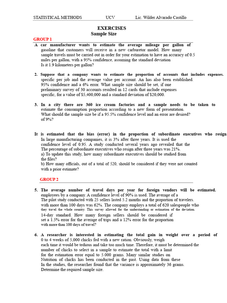 Sample Size - Exercises | PDF | Sample Size Determination | Standard ...
