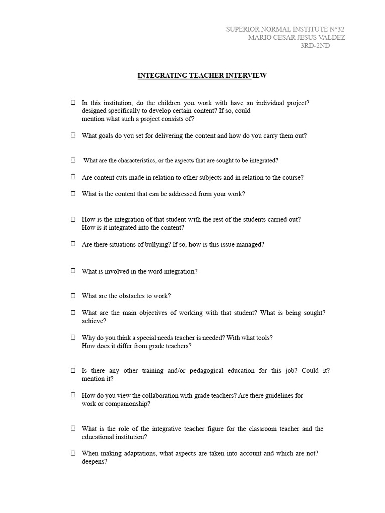 Interview With Integrating Teacher | PDF