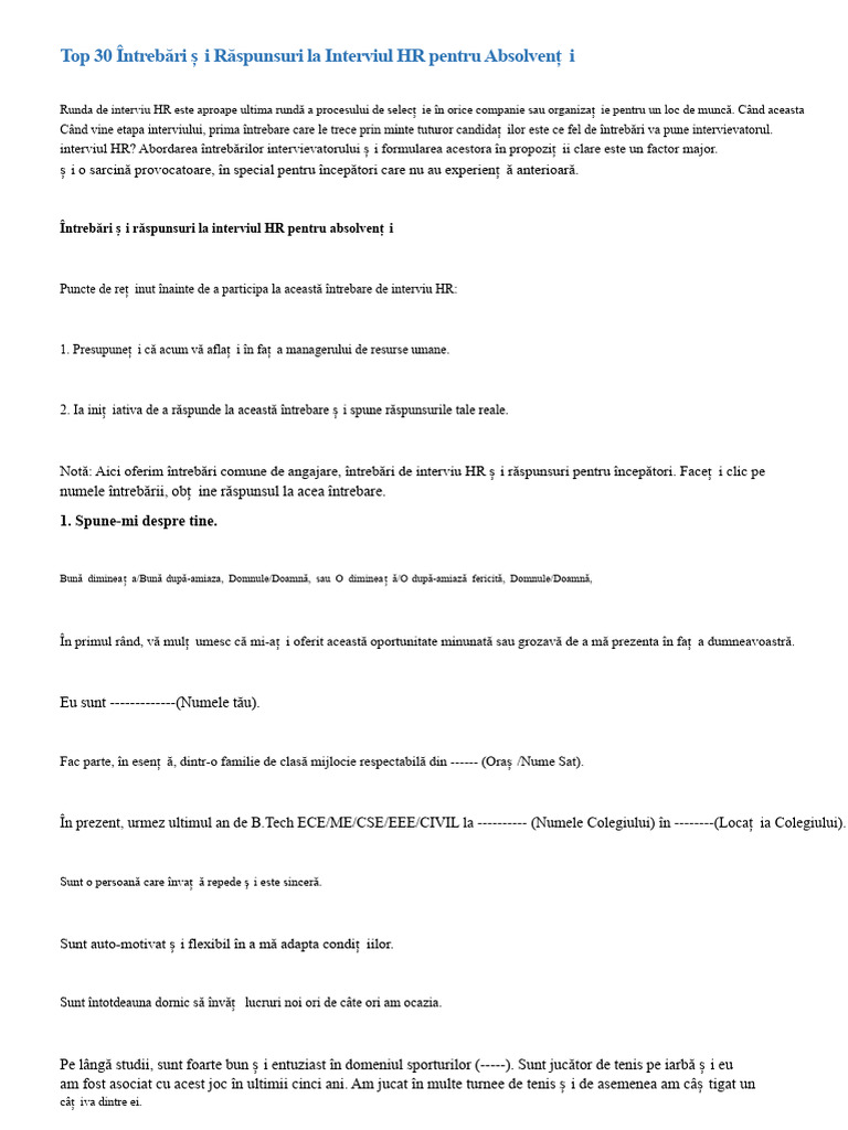 Întrebări Și Răspunsuri Pentru Interviuri Pentru Proaspăt Absolvenți | PDF