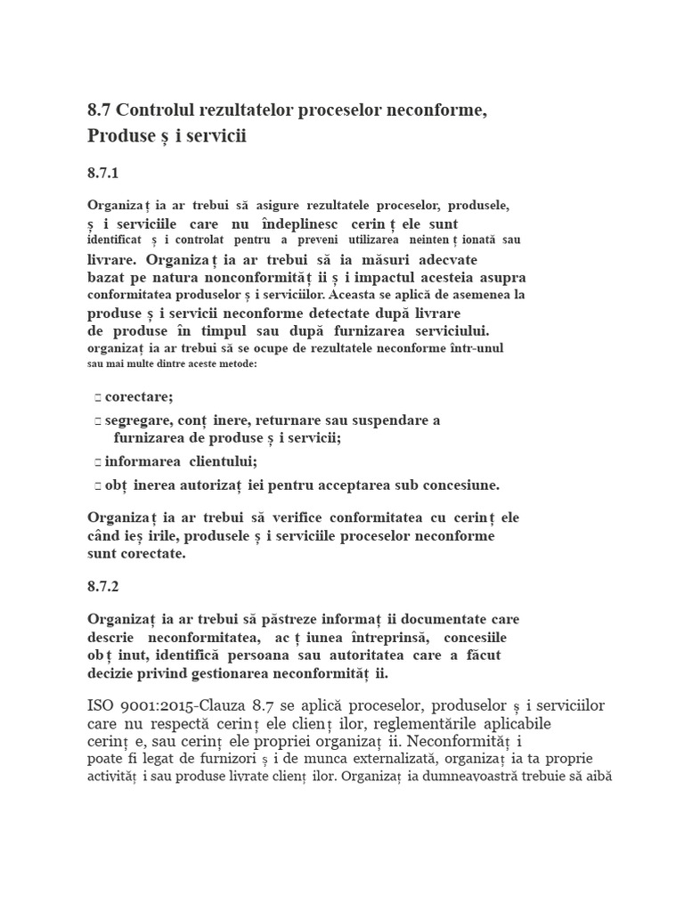 8.7 Controlul Rezultatelor, Produselor Și Serviciilor Neconforme | PDF