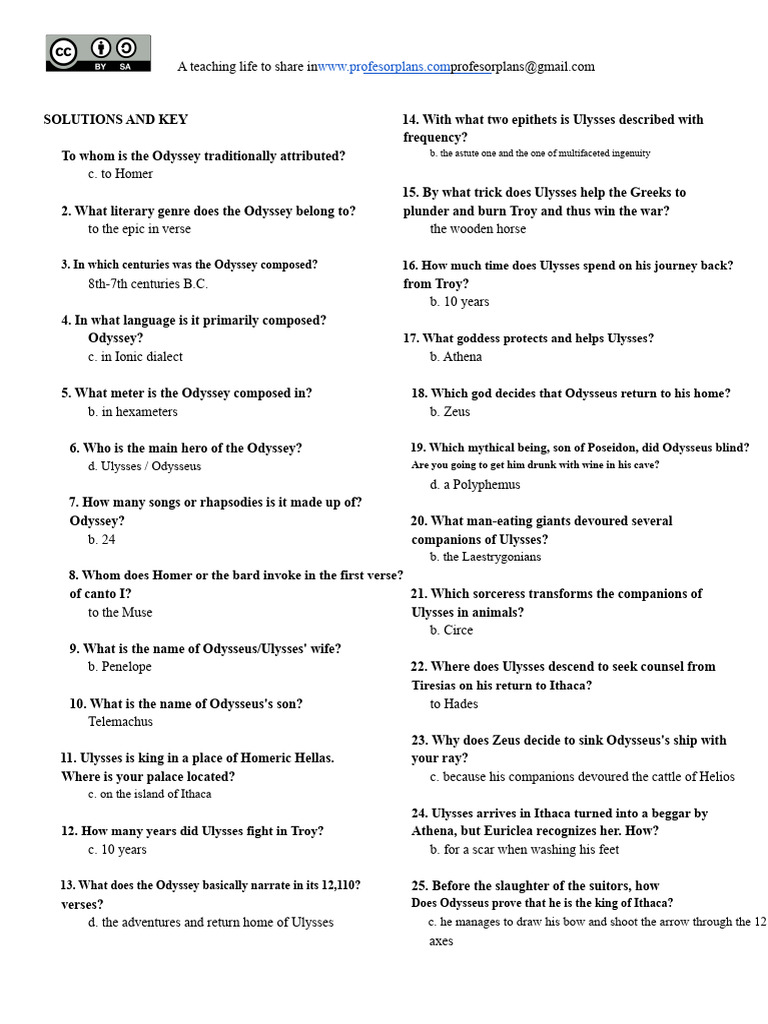 Basic Test of The Odyssey by Homer 25 Questions | PDF | Odysseus | Odyssey