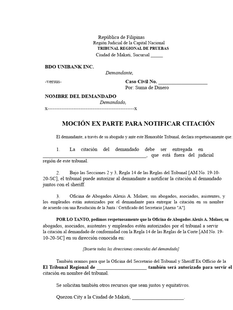 Muestra de Moción Ex Parte para Notificar Citación (Fuera de Metro ...