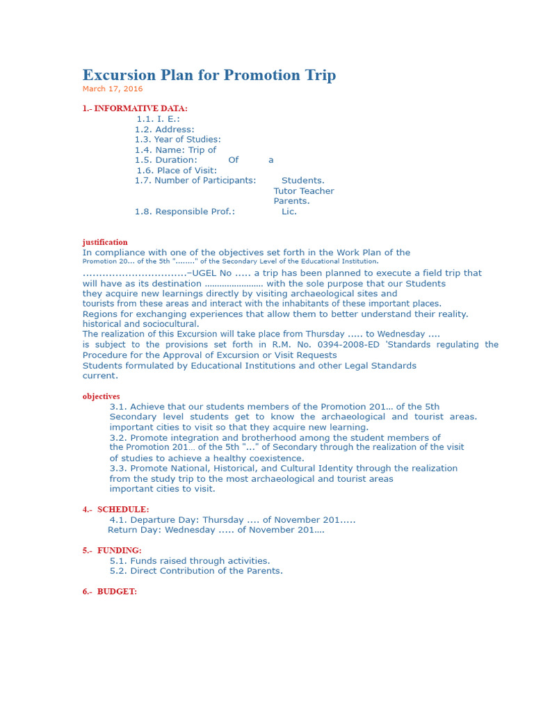 Excursion Plan for Student Promotion Trip | PDF | Teachers | Learning