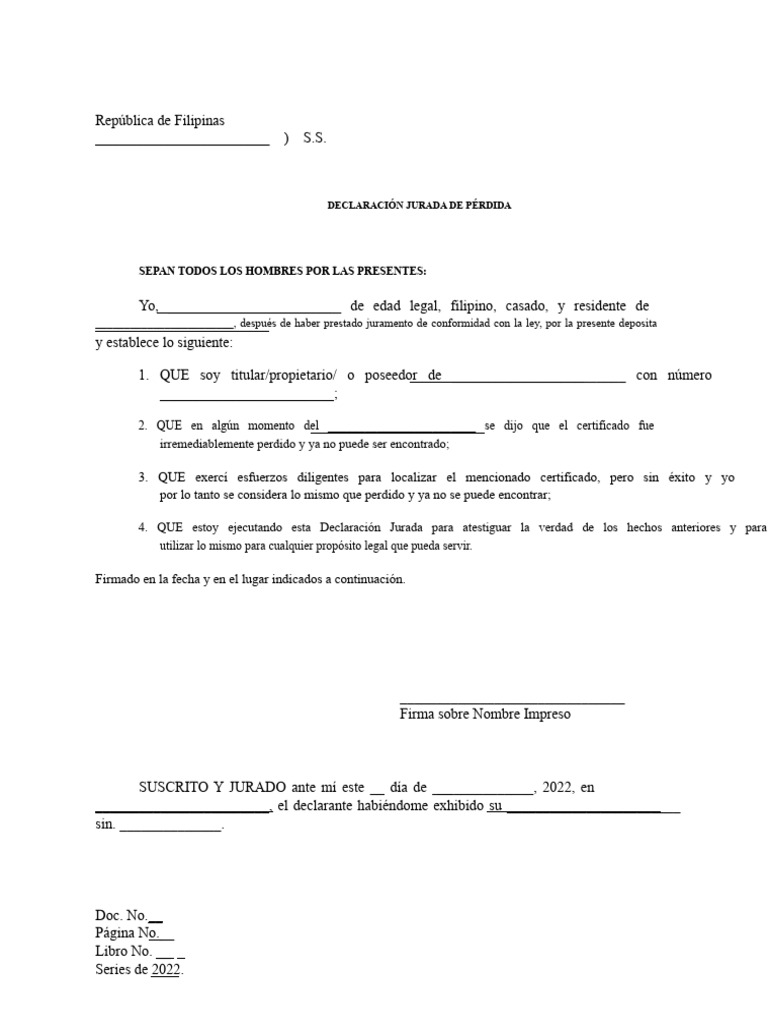 Declaración Jurada de Pérdida en Filipinas | PDF