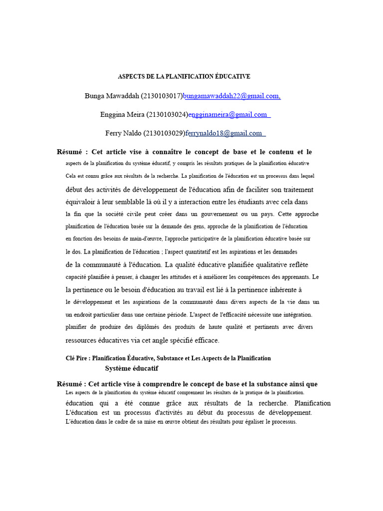 Aspects Clés de la Planification Éducative | PDF | Pédagogie ...