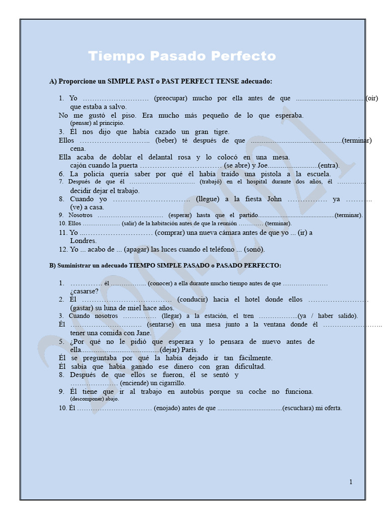 Ejercicios de Tiempo Pasado Perfecto | PDF