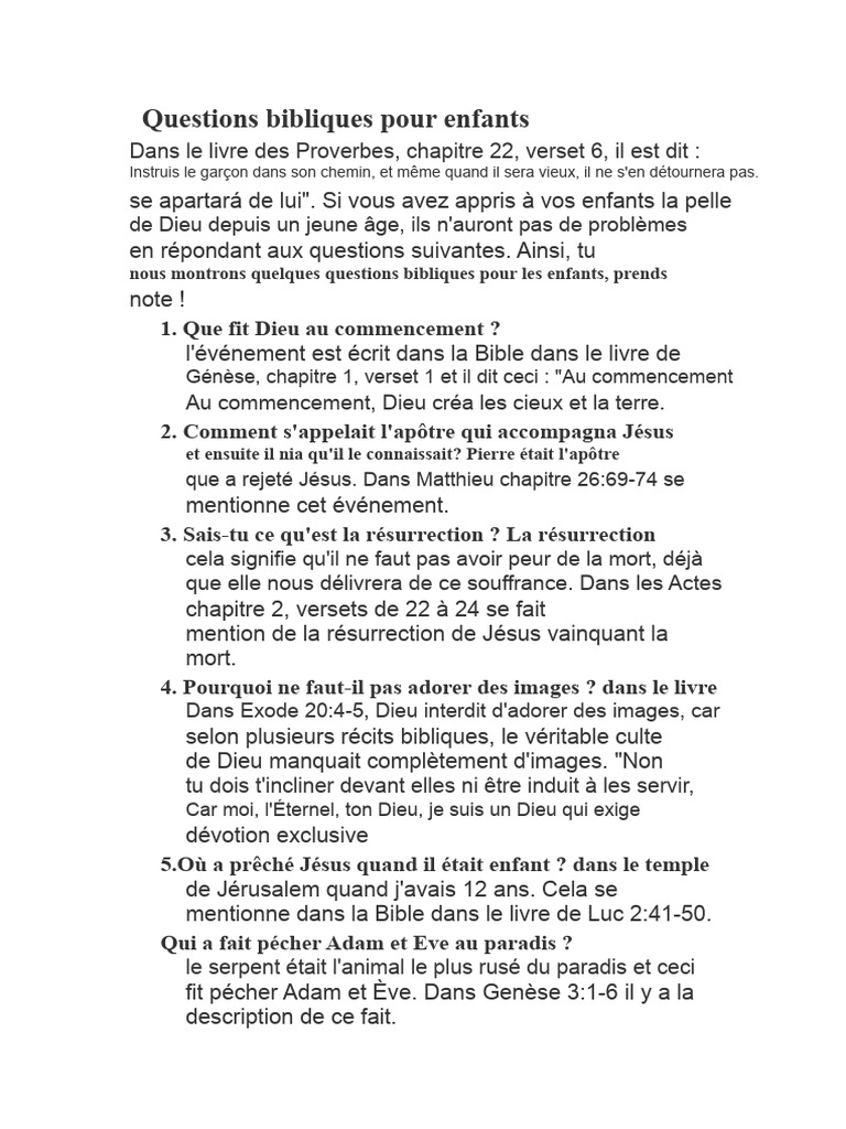 Questions bibliques pour enfants | PDF | Livre de la Genèse | Jésus