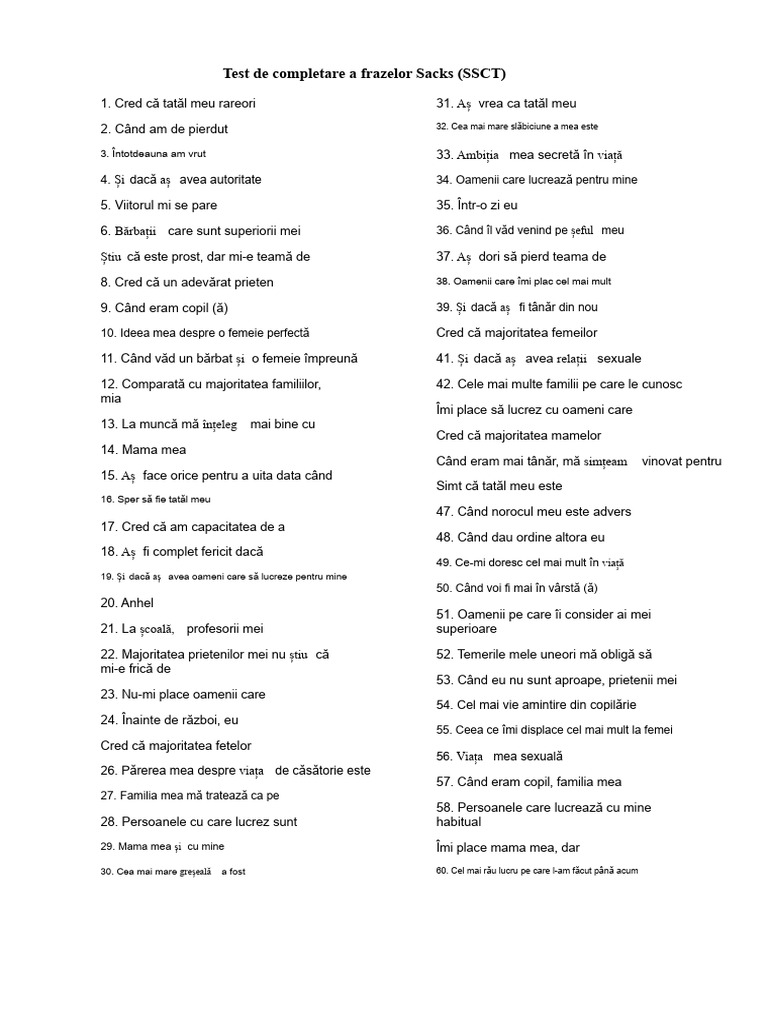 Test de Completare A Frazelor Lui Sacks | PDF