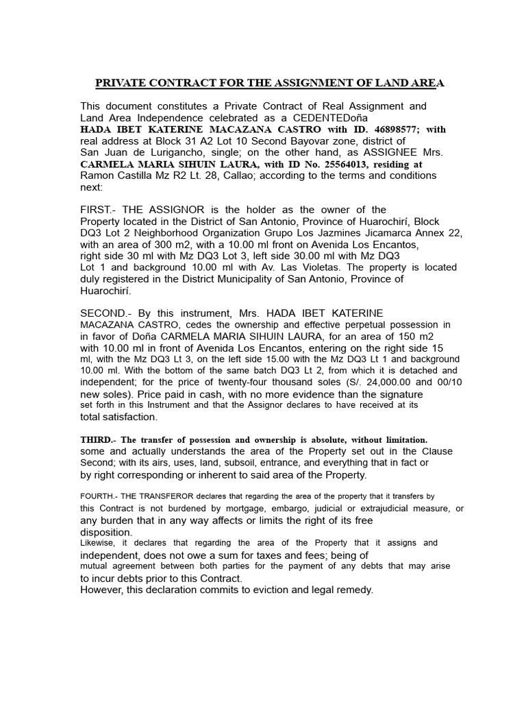 Private Contract For The Assignment of Land Area | PDF | Assignment ...