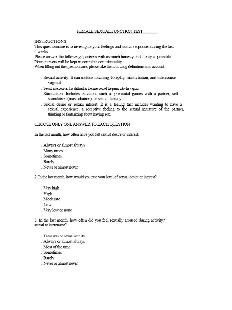 Female Sexual Function Test | PDF | Sexual Intercourse | Sexual Arousal