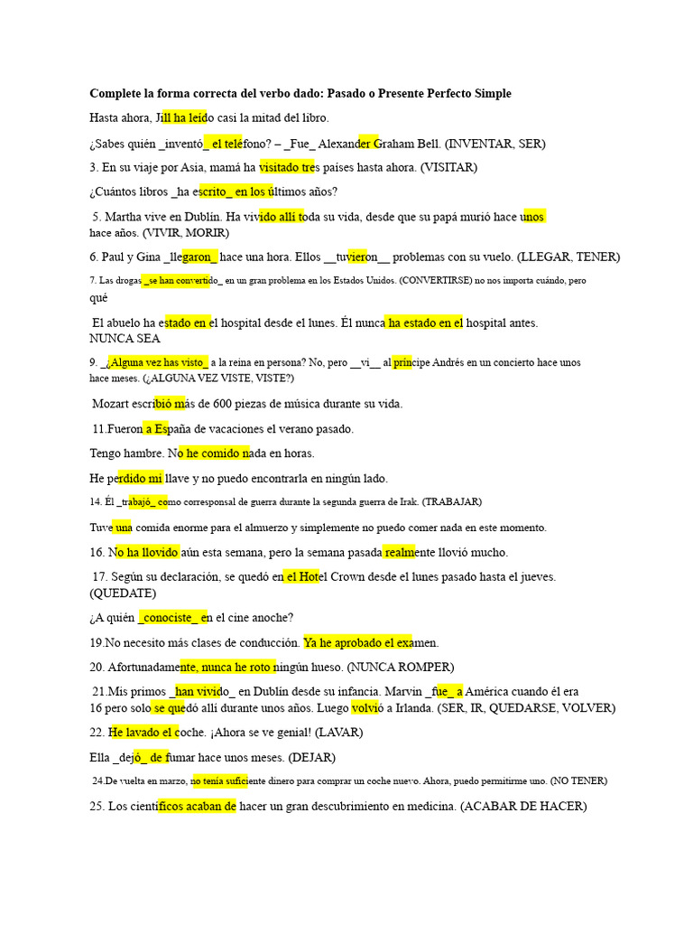Ejercicios de Verbos: Pasado y Presente Perfecto | PDF