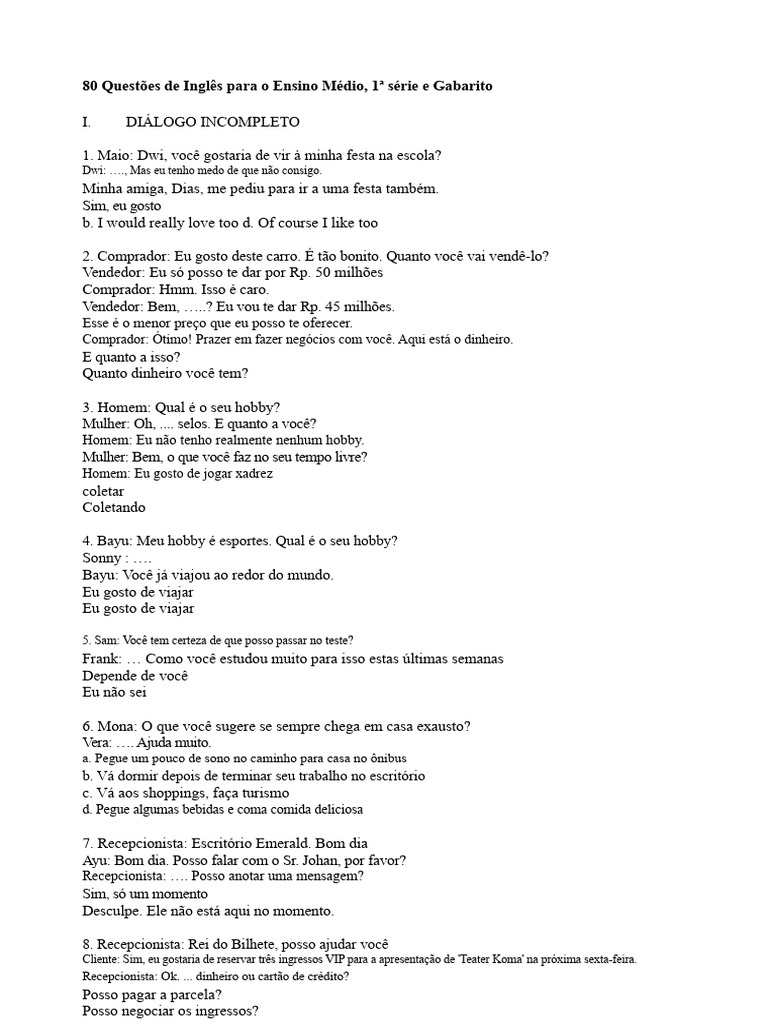 80 Questões de Inglês com Gabarito | PDF