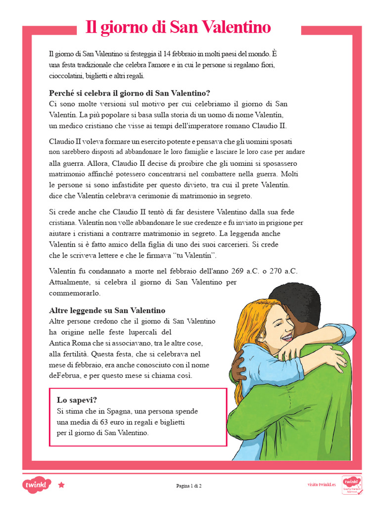 È t2 e 3095 Il Giorno Di San Valentino Comprensione Della Lettura | PDF
