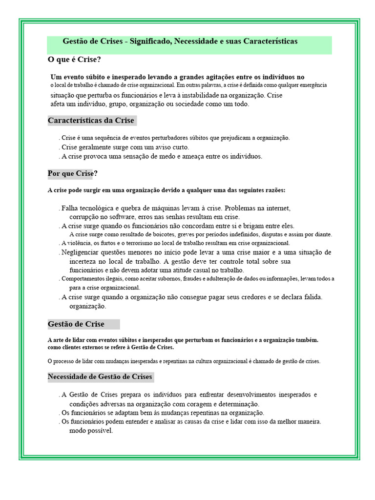 Gestão de Crises: Definição e Tipos | PDF | Comunicação | Liderança