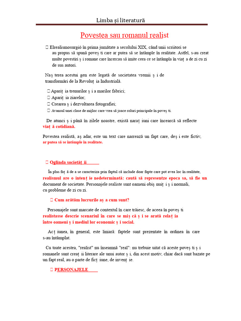 Povestea Sau Romanul Realist | PDF