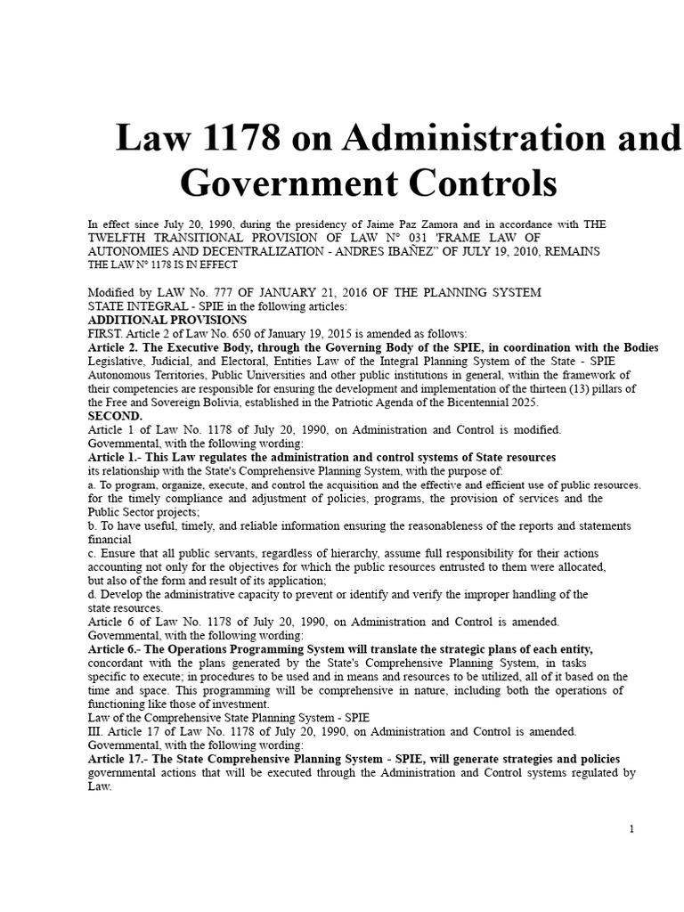 Law 1178: SPIE Administration Overview | PDF | System | Internal Control