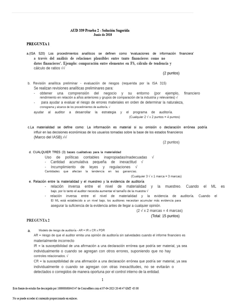 Aud339 Prueba 2 Junio 2018 SS 1 | PDF | Auditoría | Estado financiero