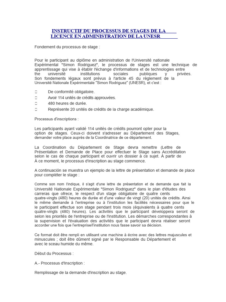 Guide des Stages en Administration UNESR | PDF
