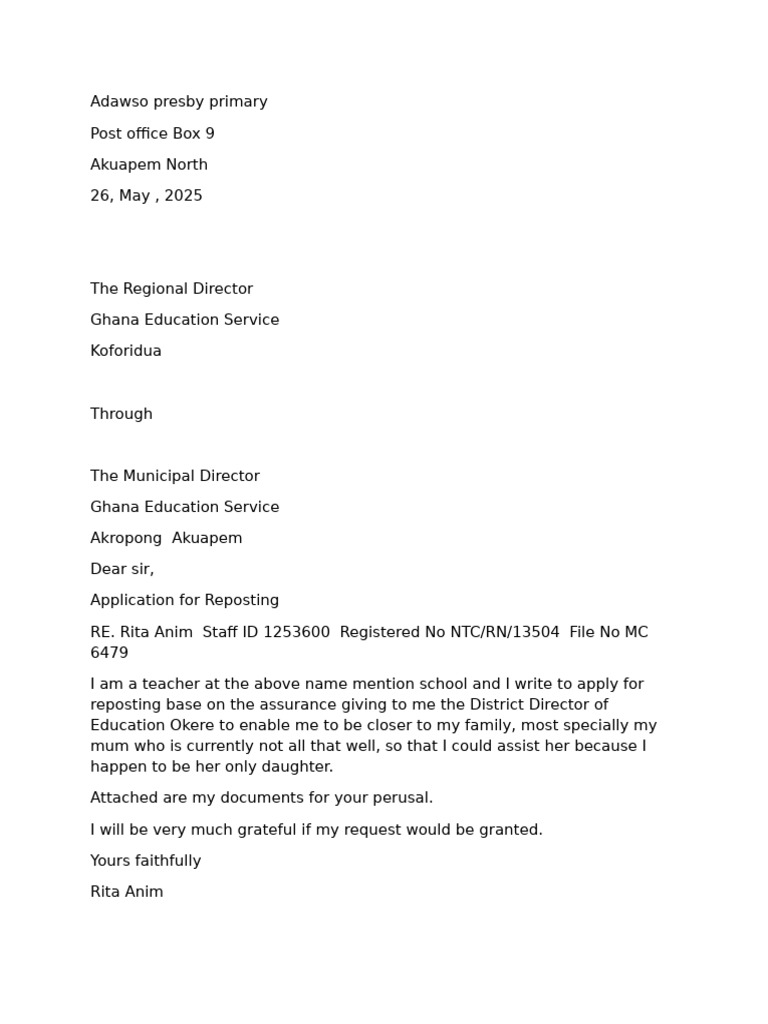 Teacher Reposting Application Letter | PDF