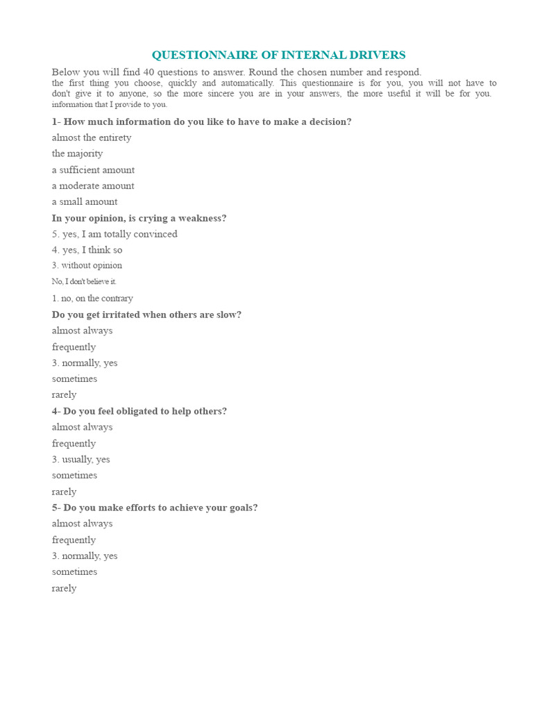 Internal Drivers Questionnaire Guide | PDF | Questionnaire ...
