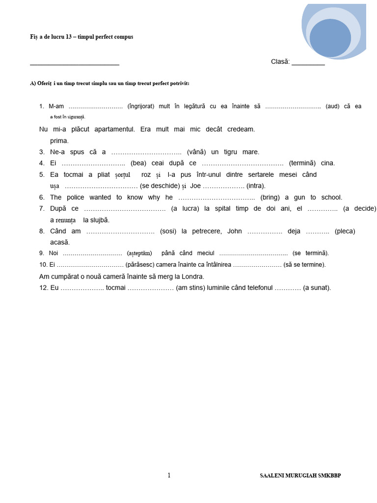 Fișa de Lucru 13 Timpul Perfect Compus | PDF