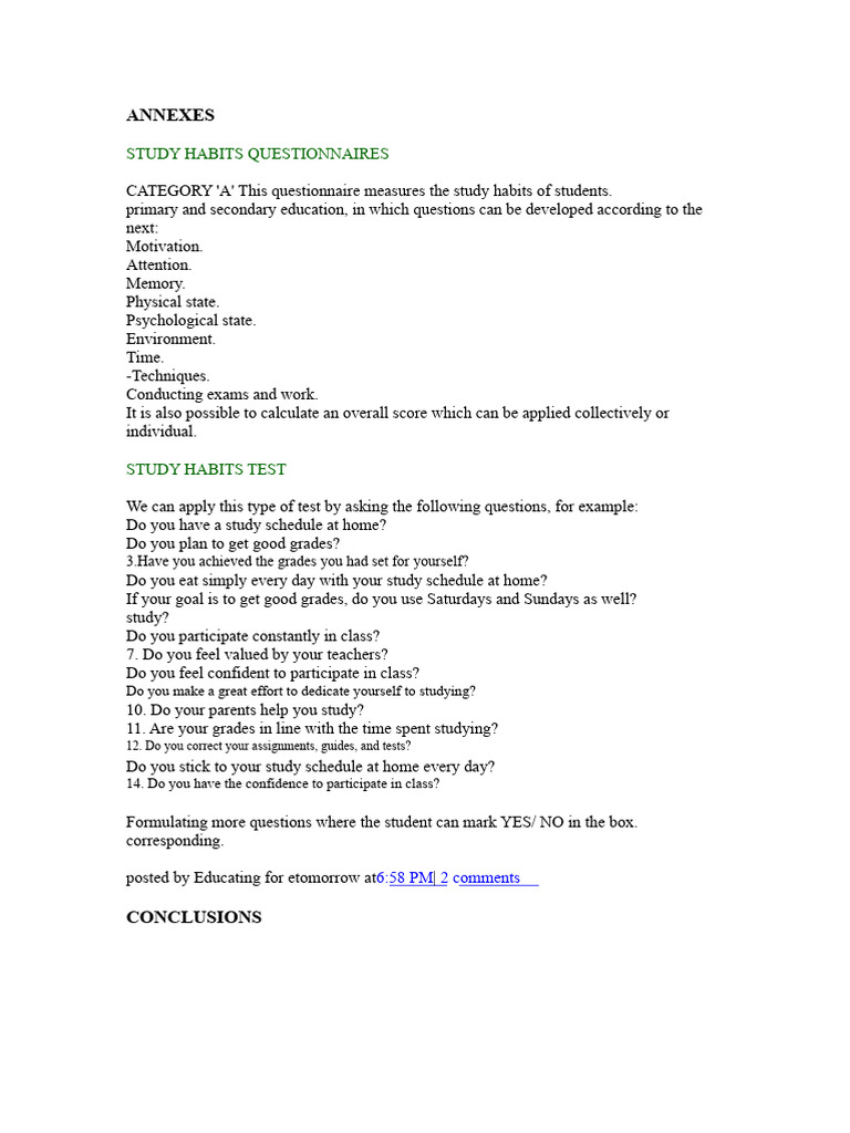 Study Habits Questionnaire for Students | PDF | Motivational | Motivation