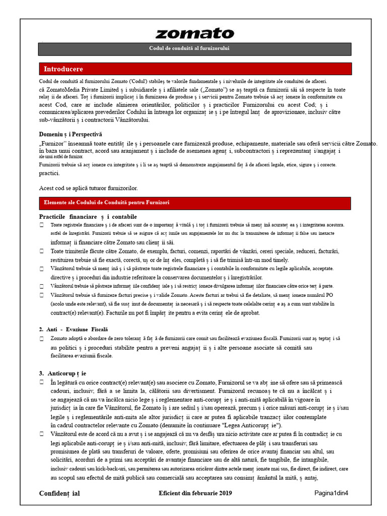 Codul de Conduită Al Furnizorului Zomato | PDF