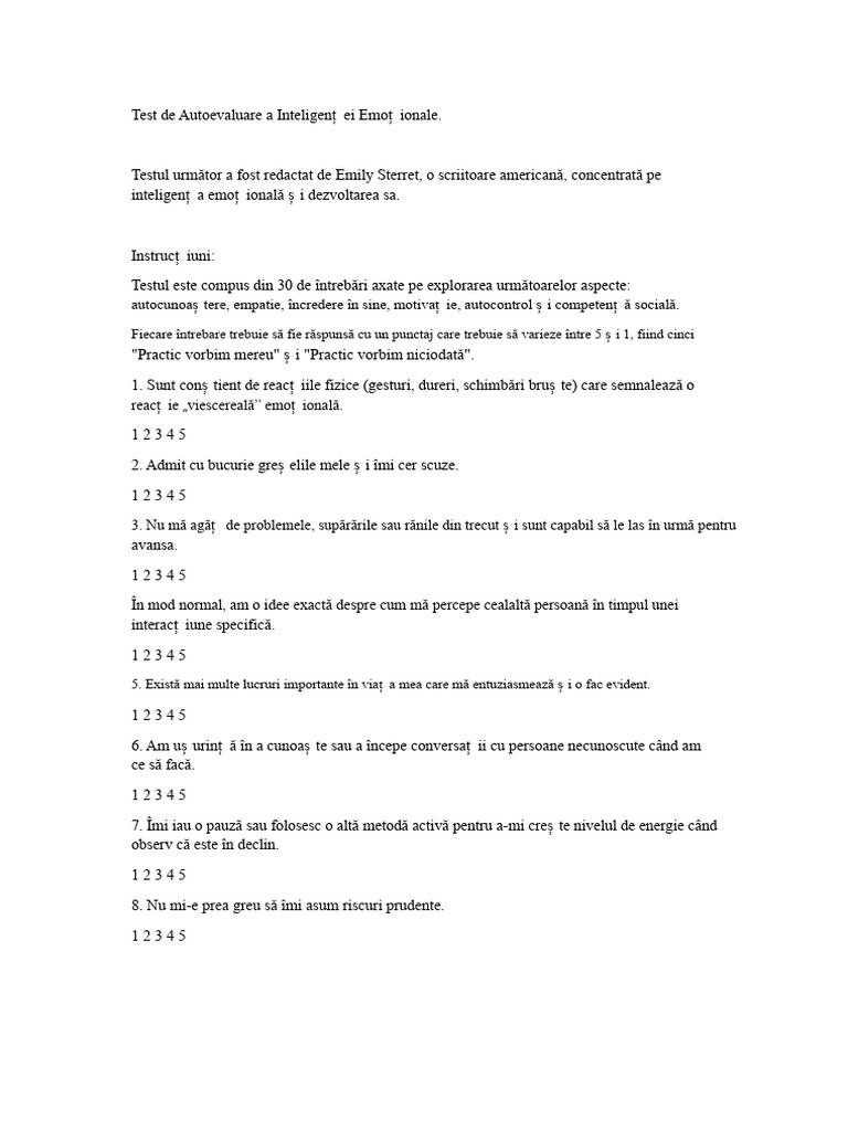 Test de Autoevaluare A Inteligenței Emoționale | PDF