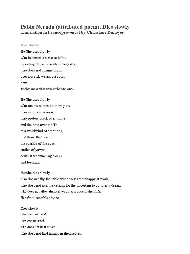 Pablo Neruda: The Perils of Dying Slowly | PDF