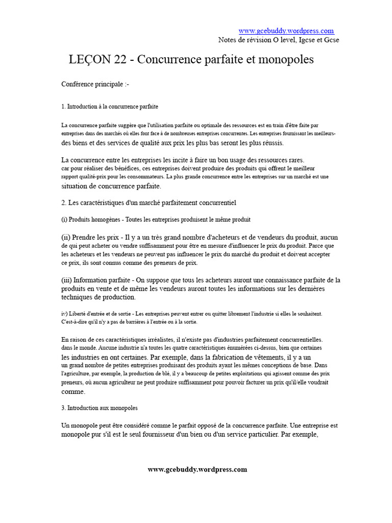 Concurrence parfaite et monopoles expliqués | PDF | Monopole ...