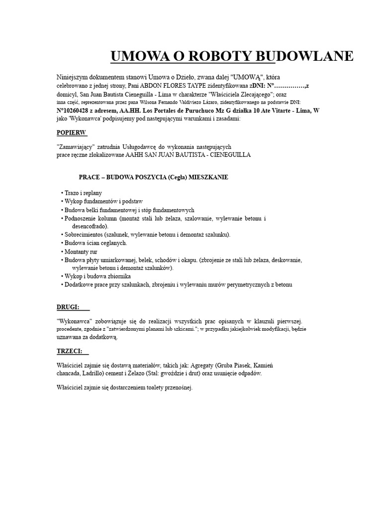 Wzór Umowy Umowa o Roboty Budowlane | PDF