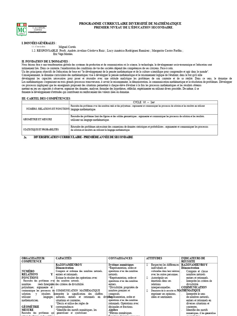 Programme de Mathématiques Secondaire | PDF | Mathématiques | Algèbre