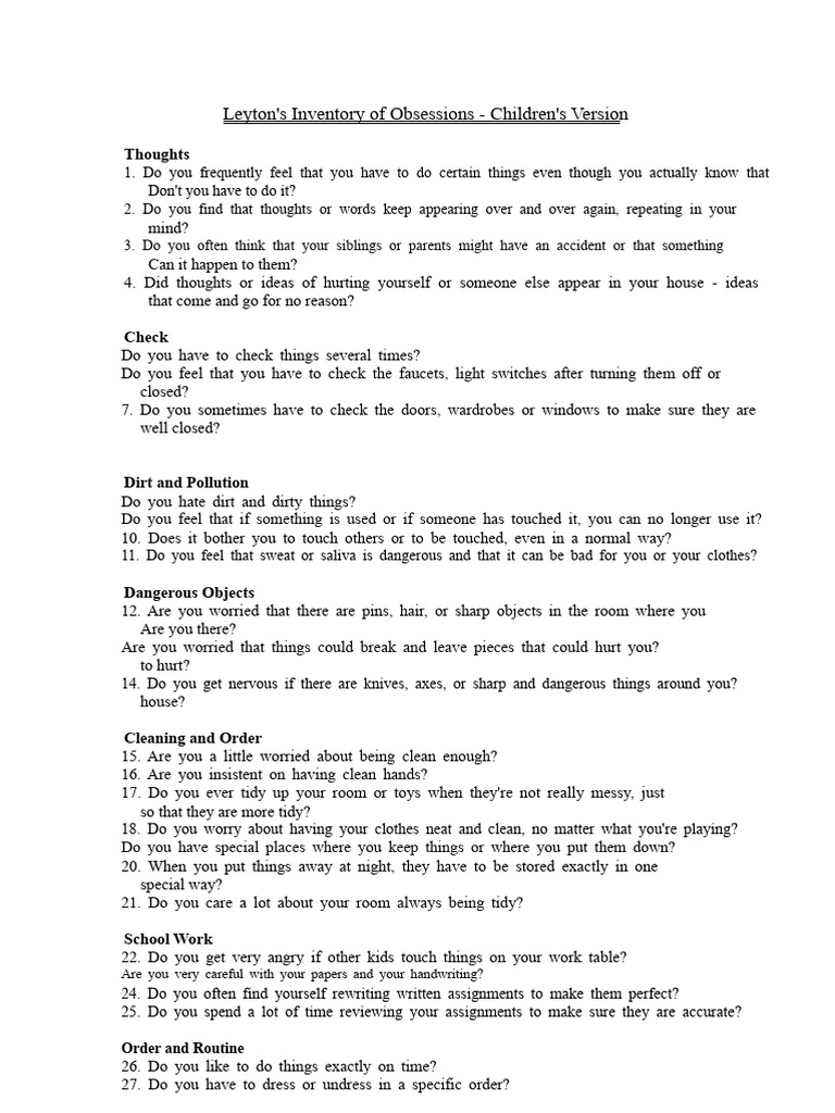 Children's Inventory of Obsessions Guide | PDF