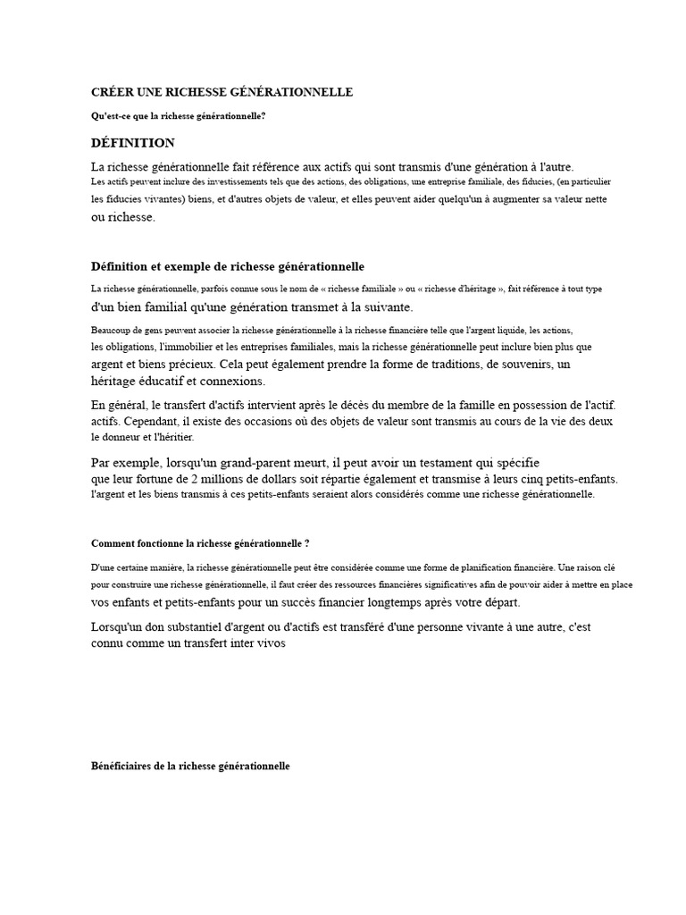 Créer une richesse générationnelle | PDF | Dettes | Investir