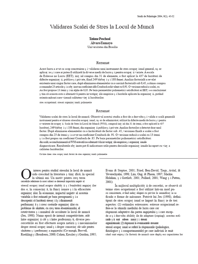 Validarea Scalei de Stres La Locul de Muncă | PDF