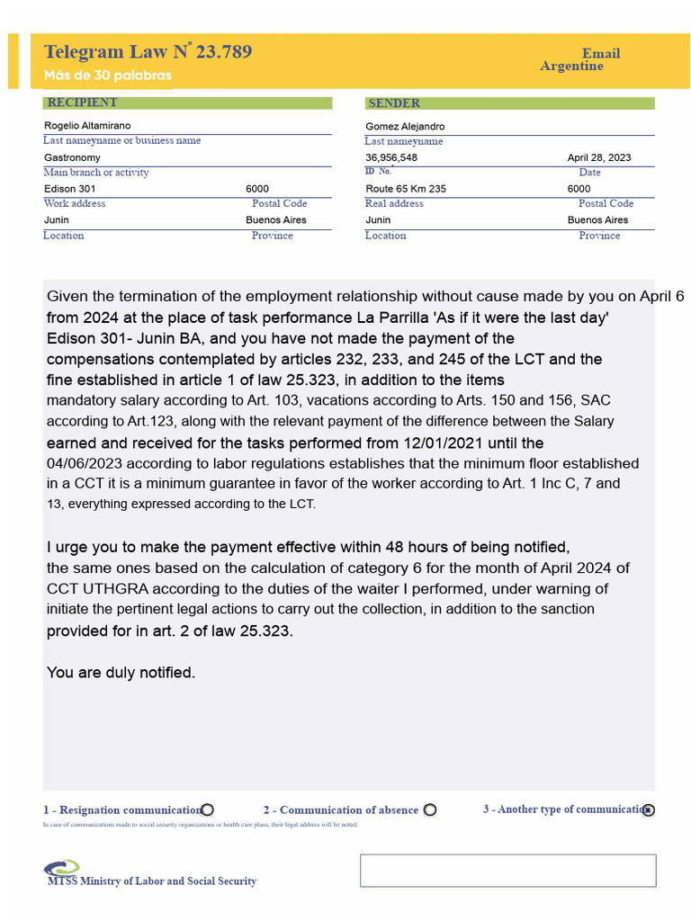 Labor Compensation Demand Notice | PDF | Employment | Labour Law