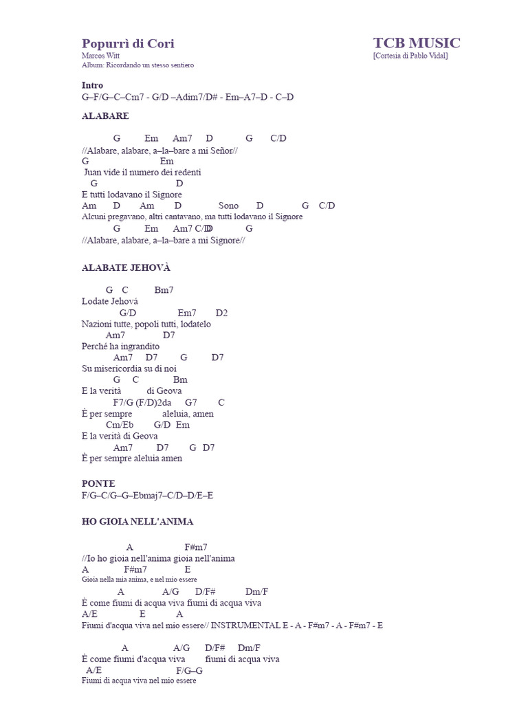 Popurrì Di Cori (Accordi TCB MUSIC) | PDF
