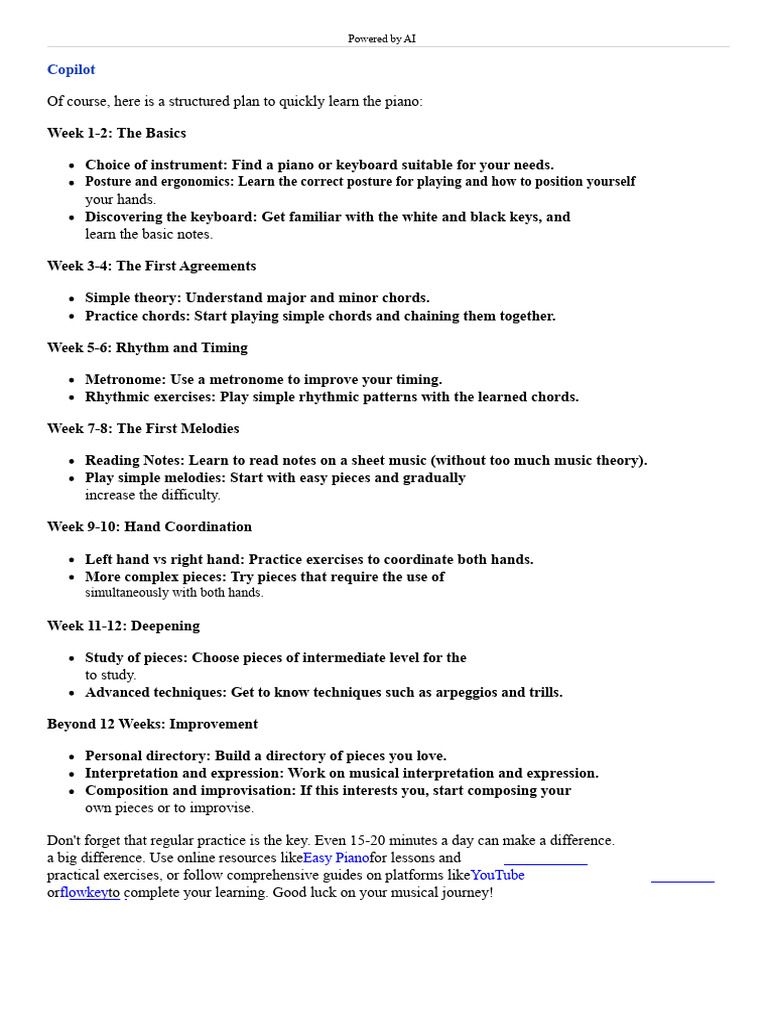12-Week Piano Learning Plan | PDF
