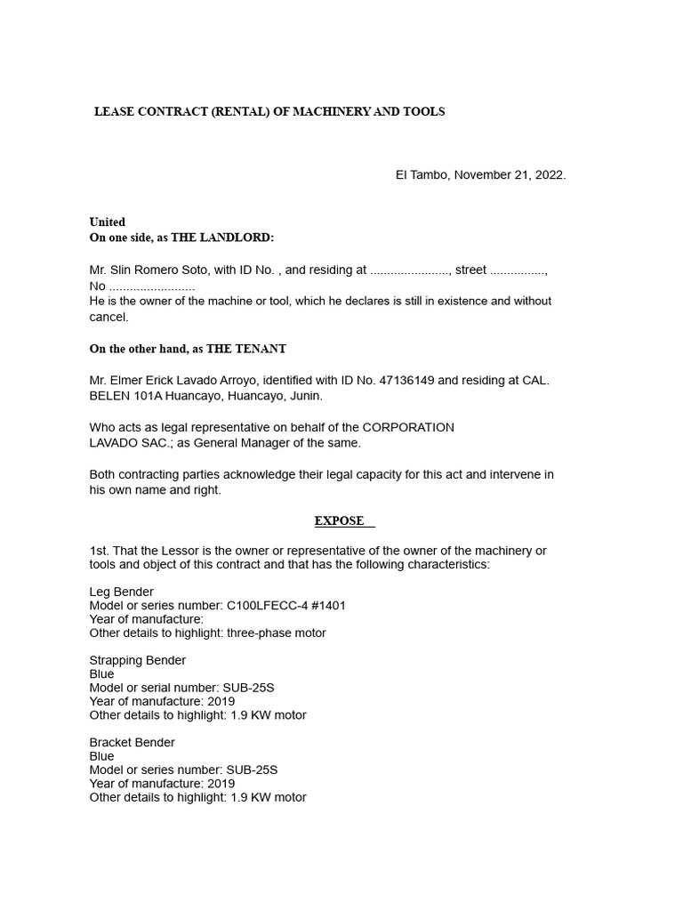 Rental (Lease) Contract For Machinery and Tools | PDF | Lease | Landlord