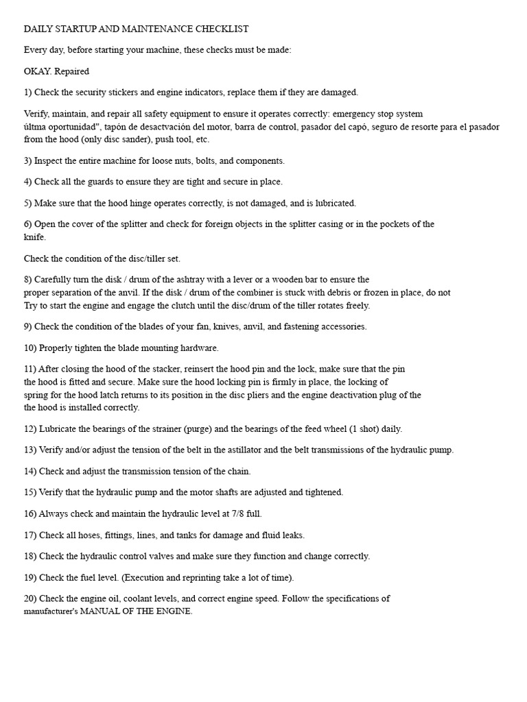 Daily Machine Safety Checklist | PDF | Manual Transmission | Knife