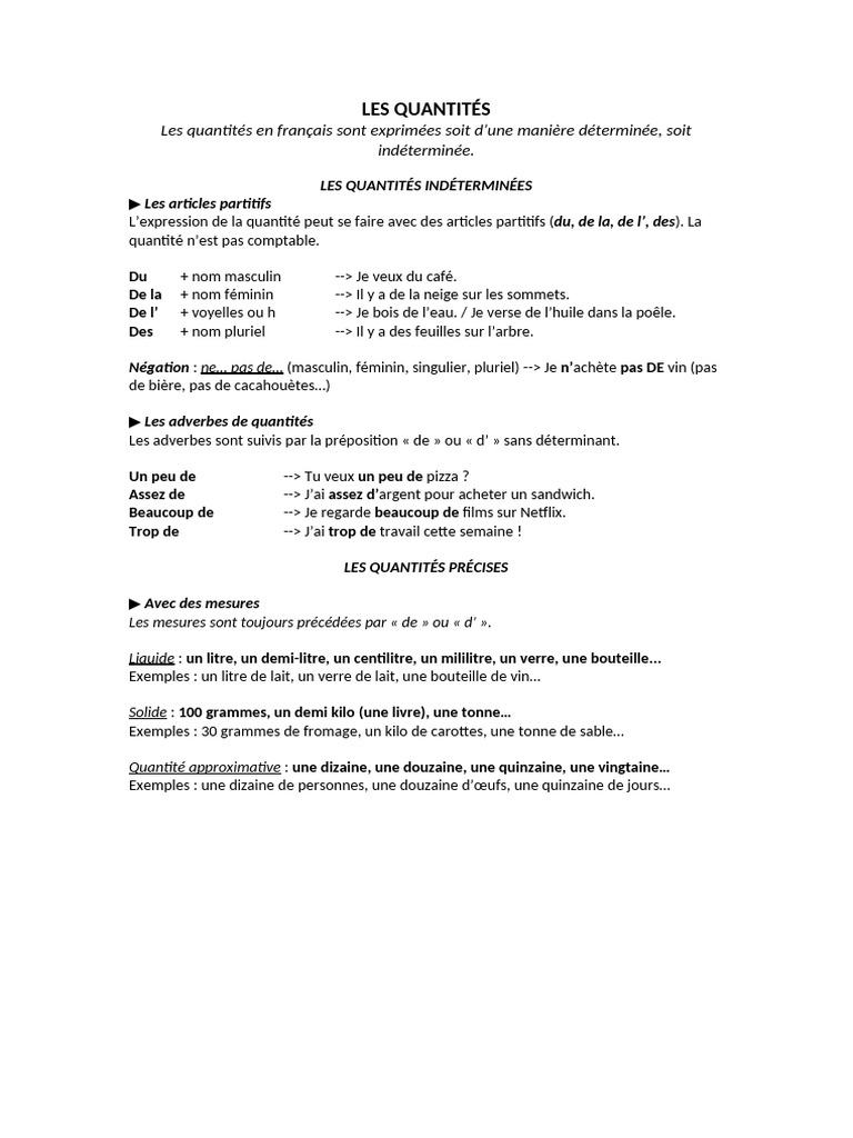 Les quantités en français | PDF