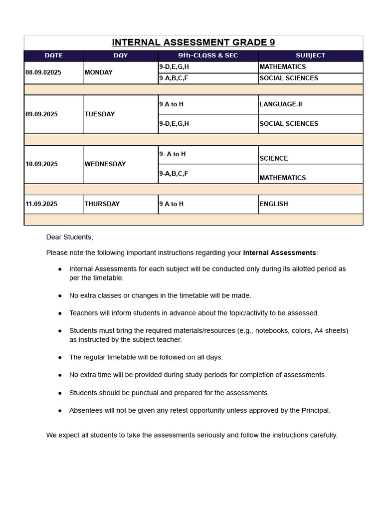 Grade 9 Internal Assessment Timetable 2025 | PDF